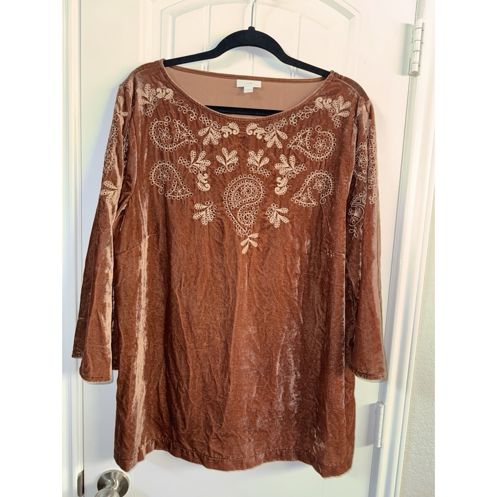 J. Jill Women's Velvet Brown Blouse Romantic Boho Cowgirl Size XL Embroidery